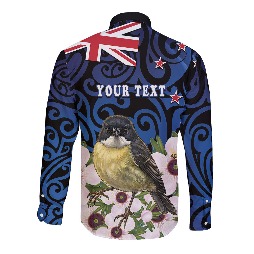 Tomtit New Zealand Personalised Long Sleeve Button Shirt Miromiro Manuka Flower Maori Pattern LT22 - Polynesian Pride