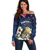 Tomtit New Zealand Personalised Off Shoulder Sweater Miromiro Manuka Flower Maori Pattern