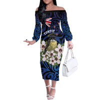 Tomtit New Zealand Personalised Off The Shoulder Long Sleeve Dress Miromiro Manuka Flower Maori Pattern LT22 Women Blue - Polynesian Pride