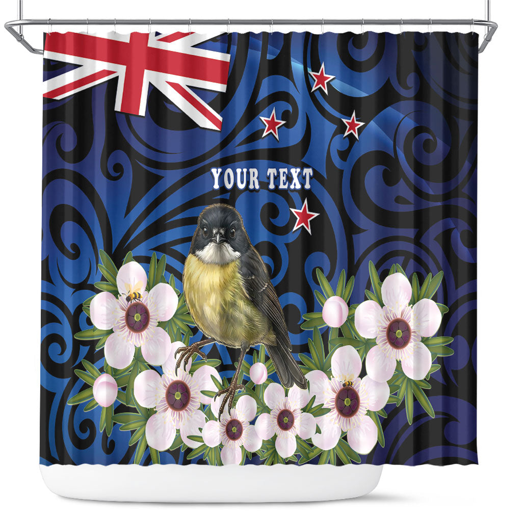 Tomtit New Zealand Personalised Shower Curtain Miromiro Manuka Flower Maori Pattern
