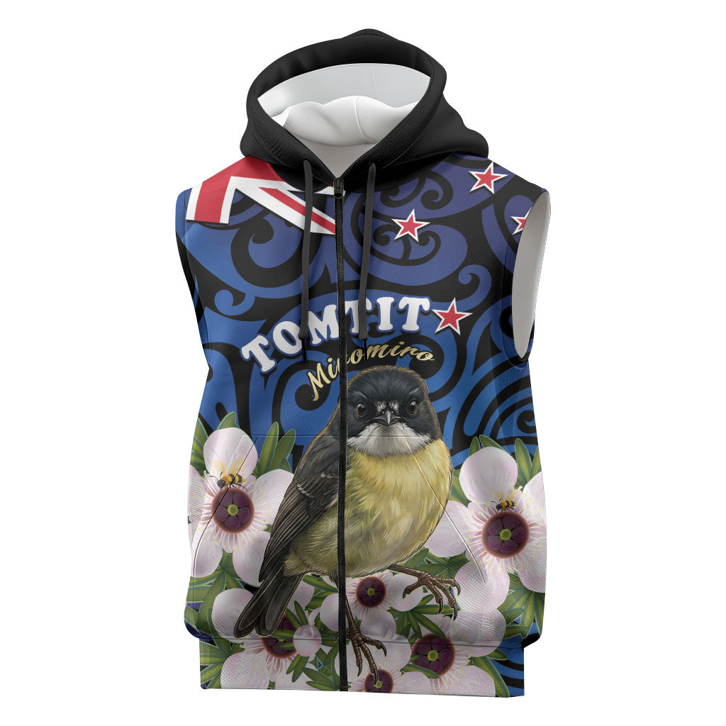 Tomtit New Zealand Personalised Sleeveless Zip Hoodie Miromiro Manuka Flower Maori Pattern LT22 Blue - Polynesian Pride