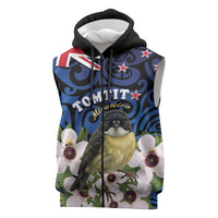 Tomtit New Zealand Personalised Sleeveless Zip Hoodie Miromiro Manuka Flower Maori Pattern