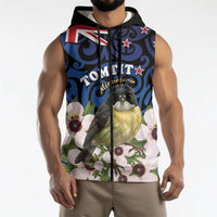 Tomtit New Zealand Personalised Sleeveless Zip Hoodie Miromiro Manuka Flower Maori Pattern