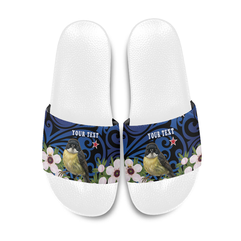 Tomtit New Zealand Personalised Slide Sandals Miromiro Manuka Flower Maori Pattern