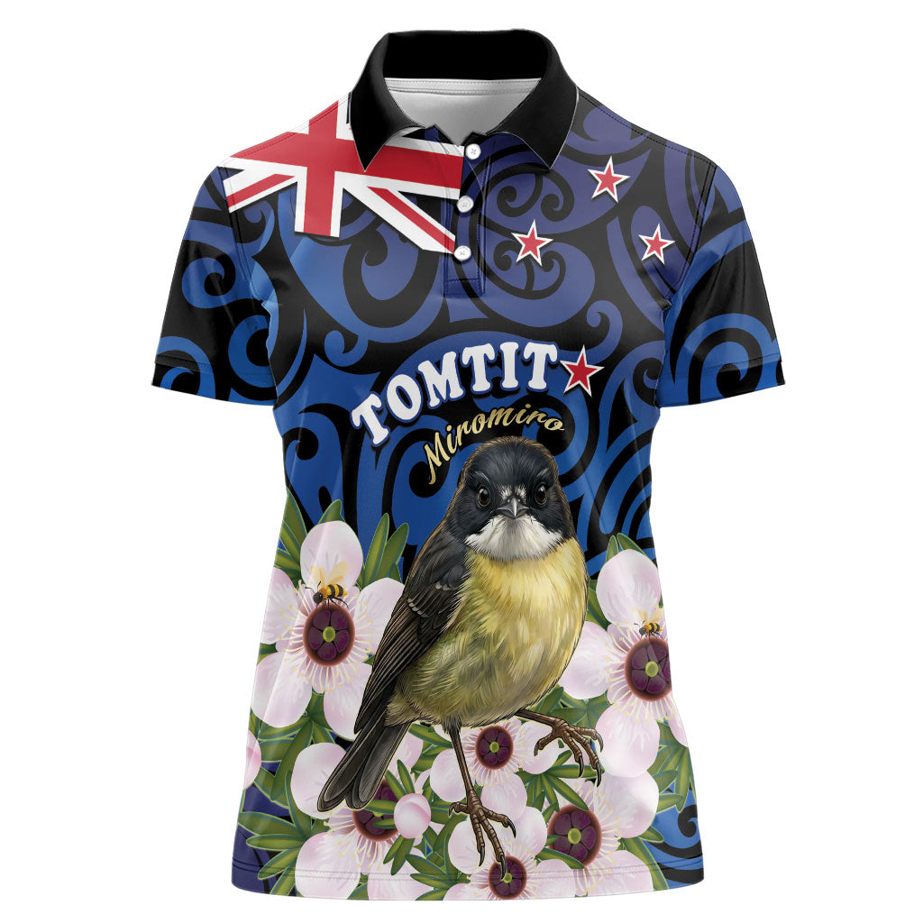 Tomtit New Zealand Personalised Women Polo Shirt Miromiro Manuka Flower Maori Pattern LT22 Female Blue - Polynesian Pride