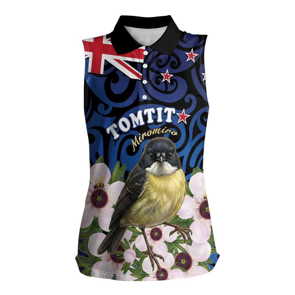Tomtit New Zealand Personalised Women Sleeveless Polo Shirt Miromiro Manuka Flower Maori Pattern