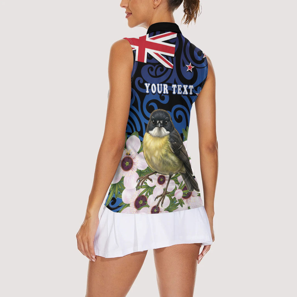 Tomtit New Zealand Personalised Women Sleeveless Polo Shirt Miromiro Manuka Flower Maori Pattern LT22 - Polynesian Pride