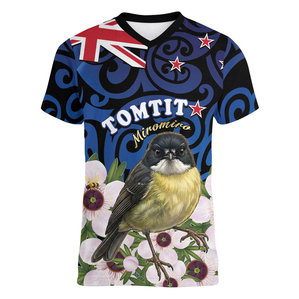 Tomtit New Zealand Personalised Women V-Neck T-Shirt Miromiro Manuka Flower Maori Pattern LT22 Female Blue - Polynesian Pride