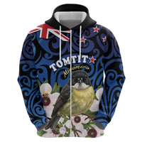 Tomtit New Zealand Personalised Zip Hoodie Miromiro Manuka Flower Maori Pattern