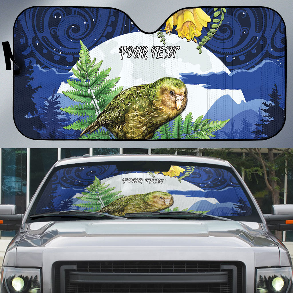 Kakapo New Zealand Personalised Auto Sun Shade Kowhai Flower Silver Fern Maori Pattern