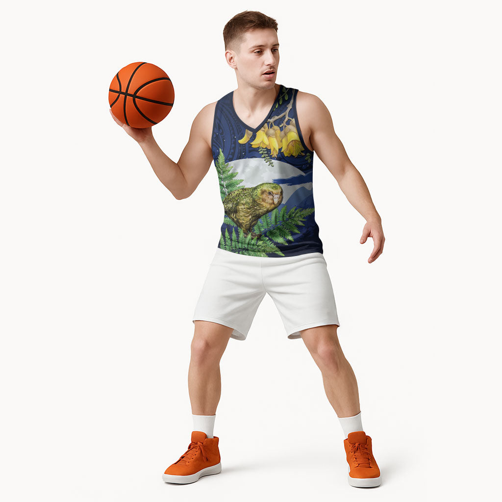 Kakapo New Zealand Personalised Basketball Jersey Kowhai Flower Silver Fern Maori Pattern LT22 - Polynesian Pride