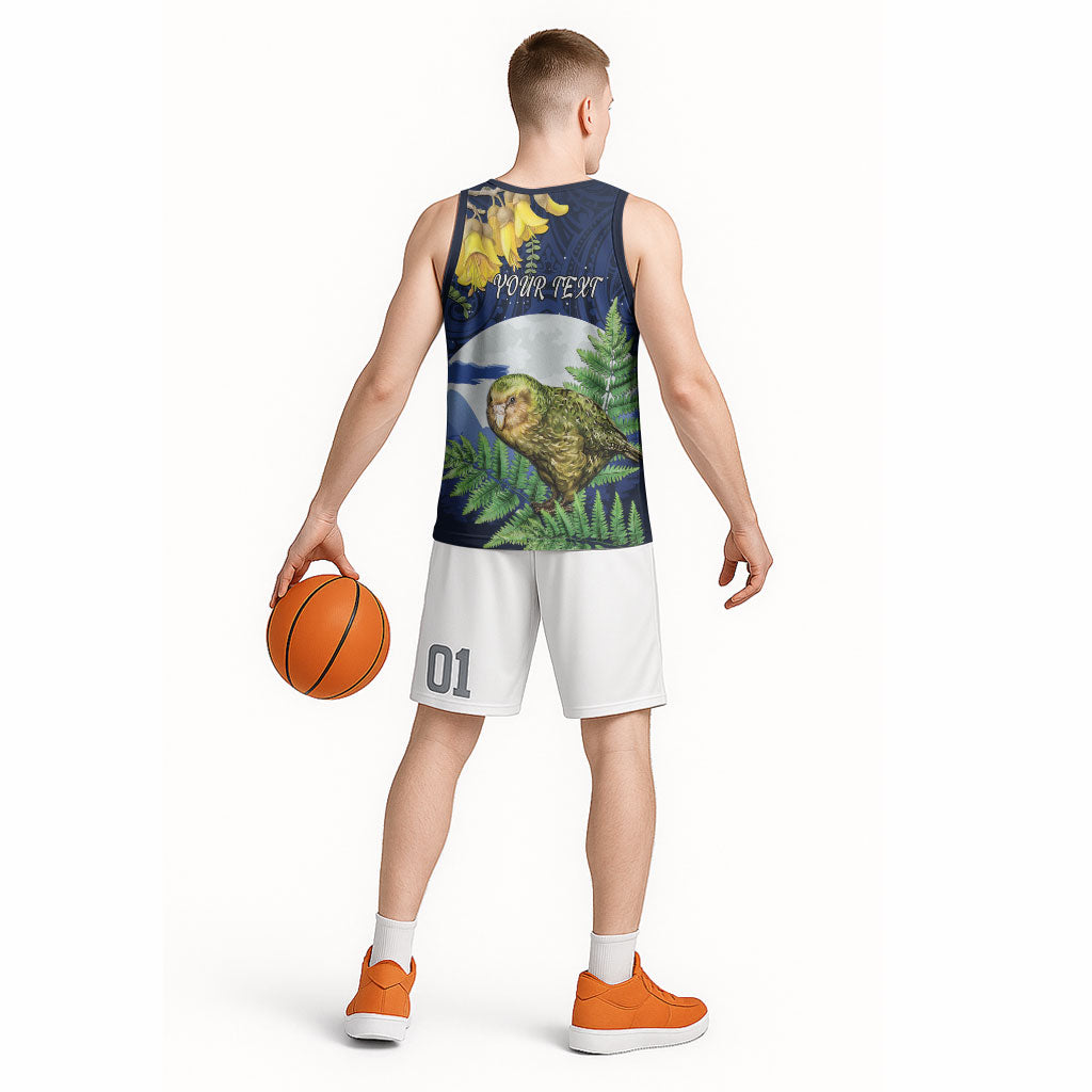 Kakapo New Zealand Personalised Basketball Jersey Kowhai Flower Silver Fern Maori Pattern LT22 - Polynesian Pride
