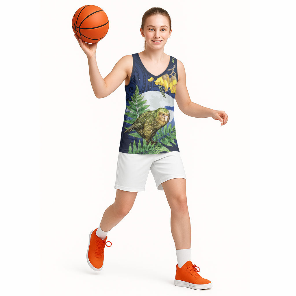 Kakapo New Zealand Personalised Basketball Jersey Kowhai Flower Silver Fern Maori Pattern LT22 - Polynesian Pride