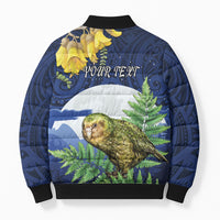 Kakapo New Zealand Personalised Bomber Puffer Jacket Kowhai Flower Silver Fern Maori Pattern