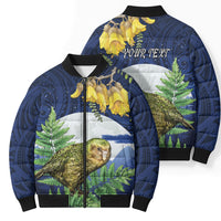 Kakapo New Zealand Personalised Bomber Puffer Jacket Kowhai Flower Silver Fern Maori Pattern