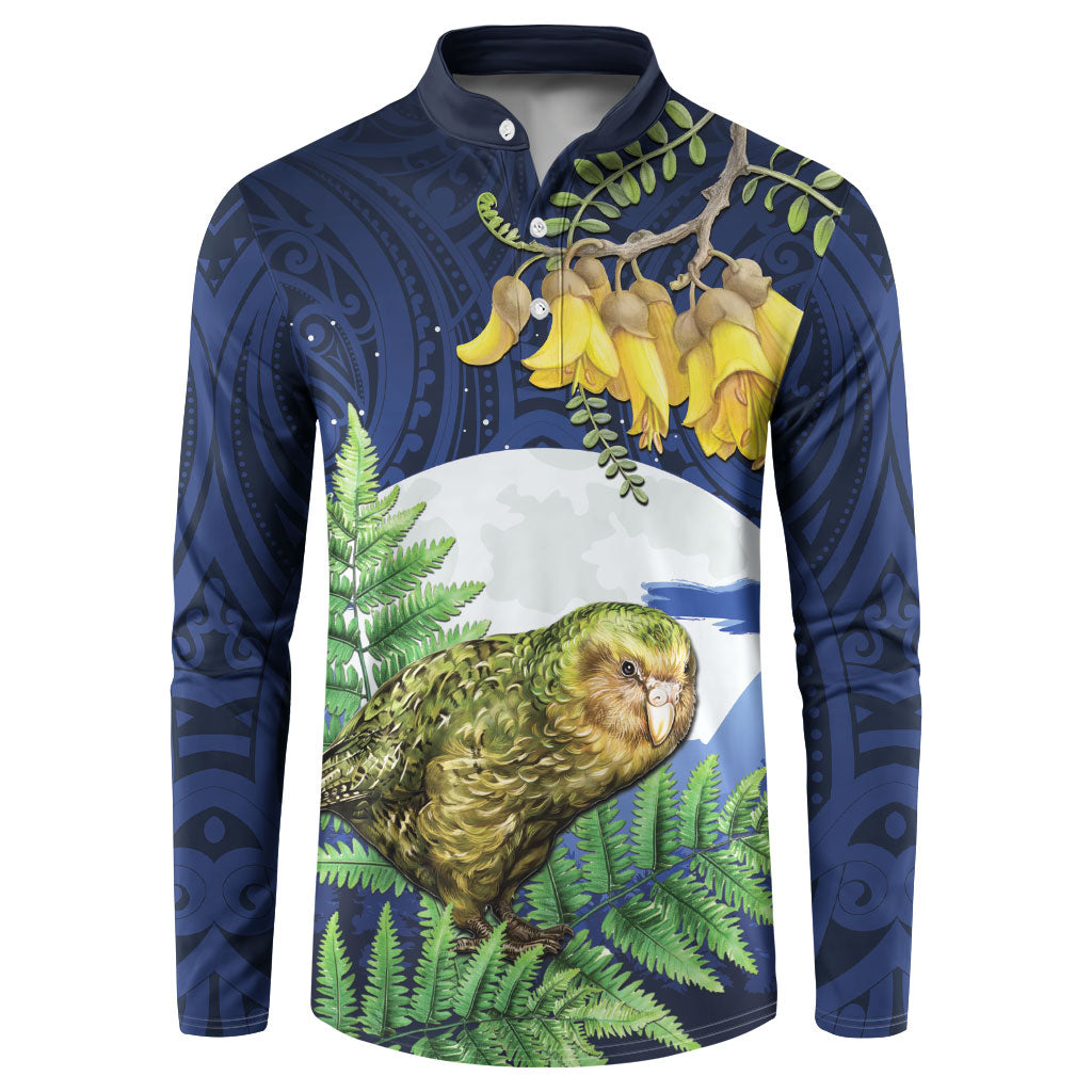 Kakapo New Zealand Personalised Button Sweatshirt Kowhai Flower Silver Fern Maori Pattern LT22 Blue - Polynesian Pride