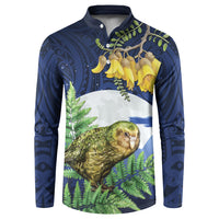 Kakapo New Zealand Personalised Button Sweatshirt Kowhai Flower Silver Fern Maori Pattern LT22 Blue - Polynesian Pride