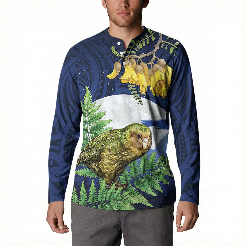Kakapo New Zealand Personalised Button Sweatshirt Kowhai Flower Silver Fern Maori Pattern LT22 - Polynesian Pride
