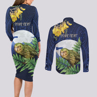 Kakapo New Zealand Personalised Couples Matching Long Sleeve Bodycon Dress and Long Sleeve Button Shirt Kowhai Flower Silver Fern Maori Pattern