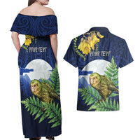 Kakapo New Zealand Personalised Couples Matching Off Shoulder Maxi Dress and Hawaiian Shirt Kowhai Flower Silver Fern Maori Pattern