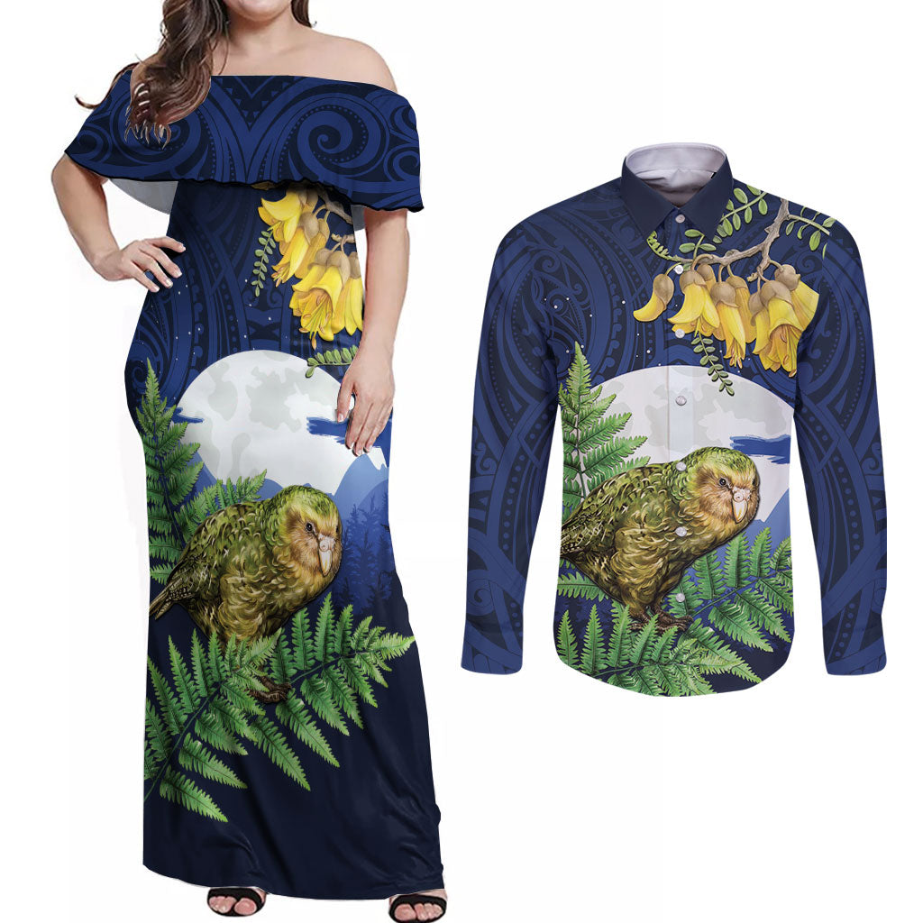 Kakapo New Zealand Personalised Couples Matching Off Shoulder Maxi Dress and Long Sleeve Button Shirt Kowhai Flower Silver Fern Maori Pattern