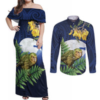 Kakapo New Zealand Personalised Couples Matching Off Shoulder Maxi Dress and Long Sleeve Button Shirt Kowhai Flower Silver Fern Maori Pattern