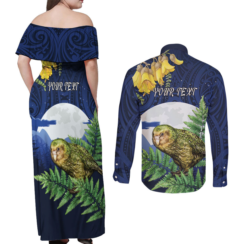 Kakapo New Zealand Personalised Couples Matching Off Shoulder Maxi Dress and Long Sleeve Button Shirt Kowhai Flower Silver Fern Maori Pattern