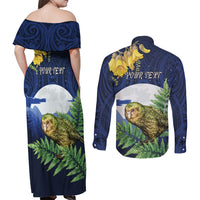 Kakapo New Zealand Personalised Couples Matching Off Shoulder Maxi Dress and Long Sleeve Button Shirt Kowhai Flower Silver Fern Maori Pattern