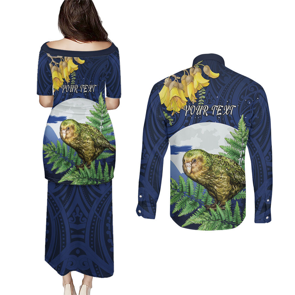 Kakapo New Zealand Personalised Couples Matching Puletasi and Long Sleeve Button Shirt Kowhai Flower Silver Fern Maori Pattern LT22 - Polynesian Pride
