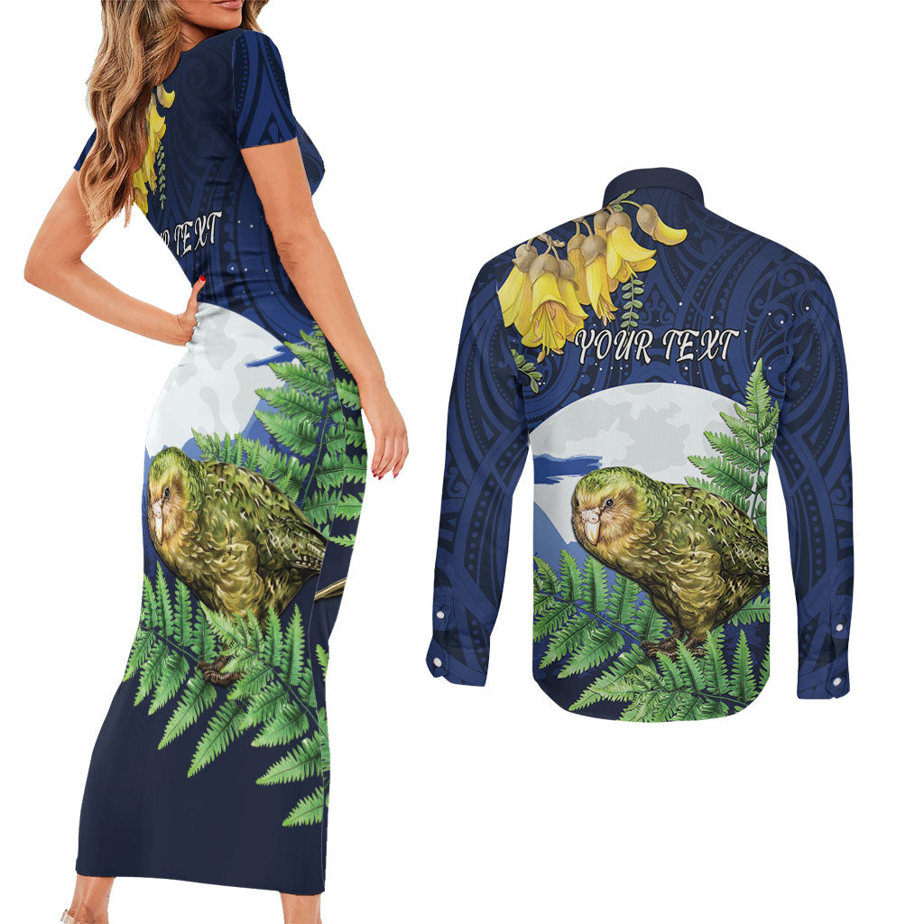 Kakapo New Zealand Personalised Couples Matching Short Sleeve Bodycon Dress and Long Sleeve Button Shirt Kowhai Flower Silver Fern Maori Pattern