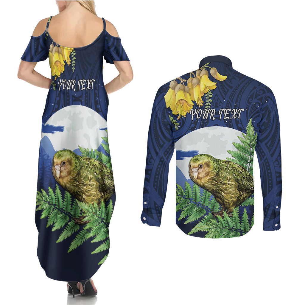 Kakapo New Zealand Personalised Couples Matching Summer Maxi Dress and Long Sleeve Button Shirt Kowhai Flower Silver Fern Maori Pattern