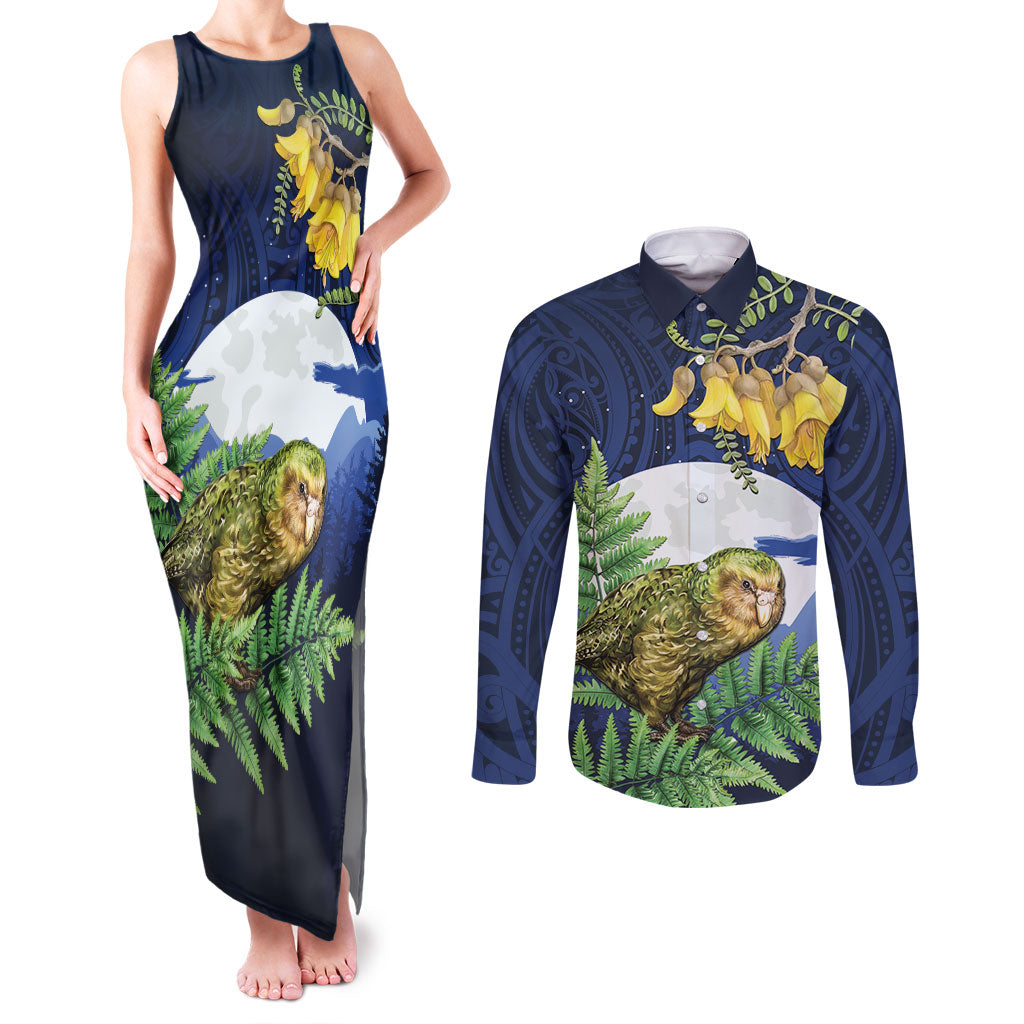 Kakapo New Zealand Personalised Couples Matching Tank Maxi Dress and Long Sleeve Button Shirt Kowhai Flower Silver Fern Maori Pattern