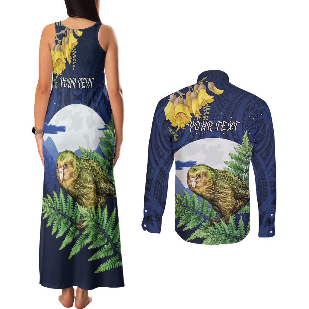 Kakapo New Zealand Personalised Couples Matching Tank Maxi Dress and Long Sleeve Button Shirt Kowhai Flower Silver Fern Maori Pattern