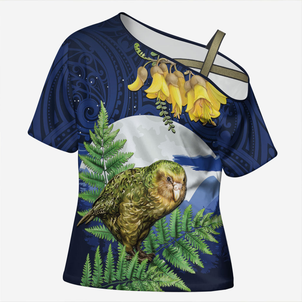 Kakapo New Zealand Personalised Cross Shoulder Shirt Kowhai Flower Silver Fern Maori Pattern LT22 Female Blue - Polynesian Pride