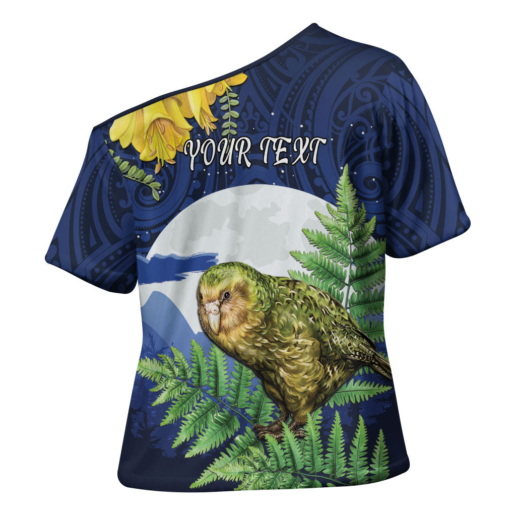Kakapo New Zealand Personalised Cross Shoulder Shirt Kowhai Flower Silver Fern Maori Pattern LT22 - Polynesian Pride