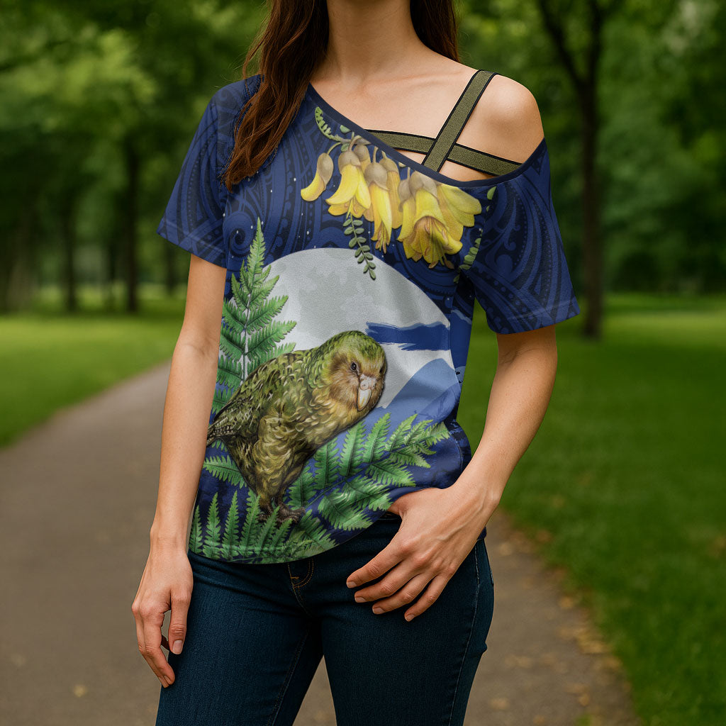 Kakapo New Zealand Personalised Cross Shoulder Shirt Kowhai Flower Silver Fern Maori Pattern LT22 - Polynesian Pride