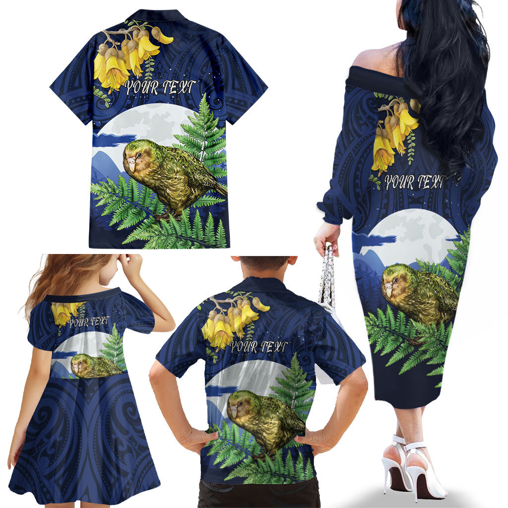 Kakapo New Zealand Personalised Family Matching Off The Shoulder Long Sleeve Dress and Hawaiian Shirt Kowhai Flower Silver Fern Maori Pattern LT22 - Polynesian Pride
