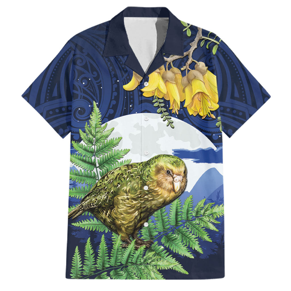 Kakapo New Zealand Personalised Family Matching Off The Shoulder Long Sleeve Dress and Hawaiian Shirt Kowhai Flower Silver Fern Maori Pattern LT22 Dad's Shirt - Short Sleeve Blue - Polynesian Pride