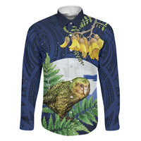 Kakapo New Zealand Personalised Family Matching Summer Maxi Dress and Hawaiian Shirt Kowhai Flower Silver Fern Maori Pattern LT22 Dad's Shirt - Long Sleeve Blue - Polynesian Pride