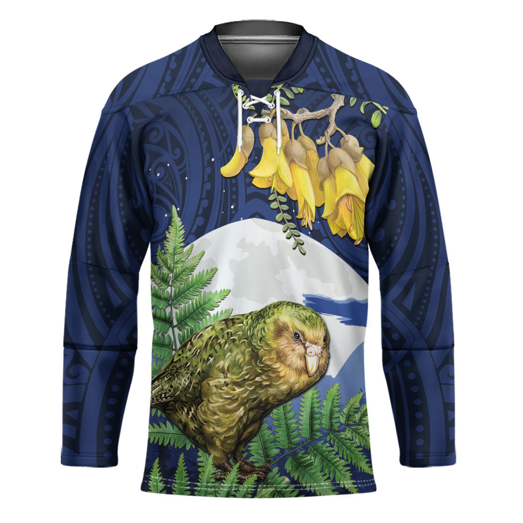 Kakapo New Zealand Personalised Hockey Jersey Kowhai Flower Silver Fern Maori Pattern LT22 Unisex Blue - Polynesian Pride