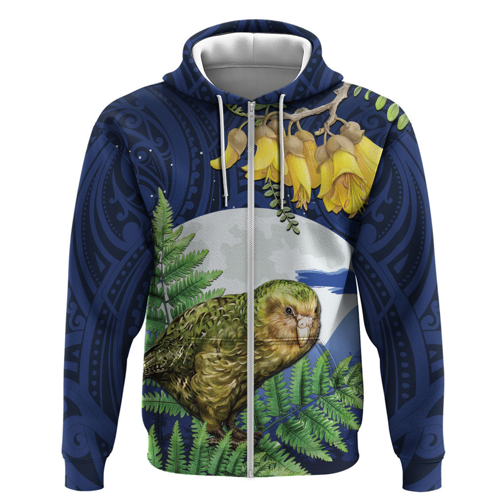 Kakapo New Zealand Personalised Hoodie Kowhai Flower Silver Fern Maori Pattern LT22 Zip Hoodie Blue - Polynesian Pride