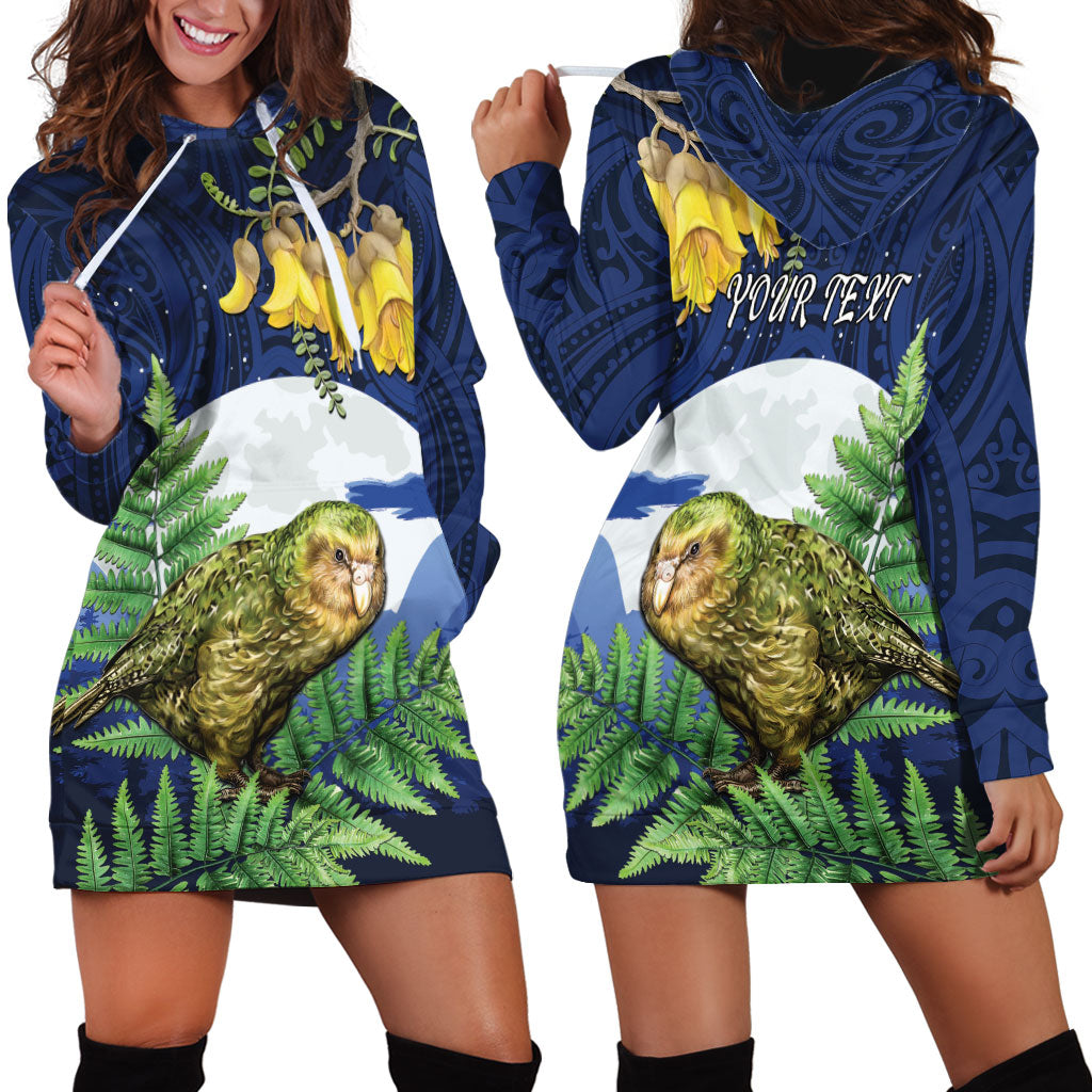 Kakapo New Zealand Personalised Hoodie Dress Kowhai Flower Silver Fern Maori Pattern