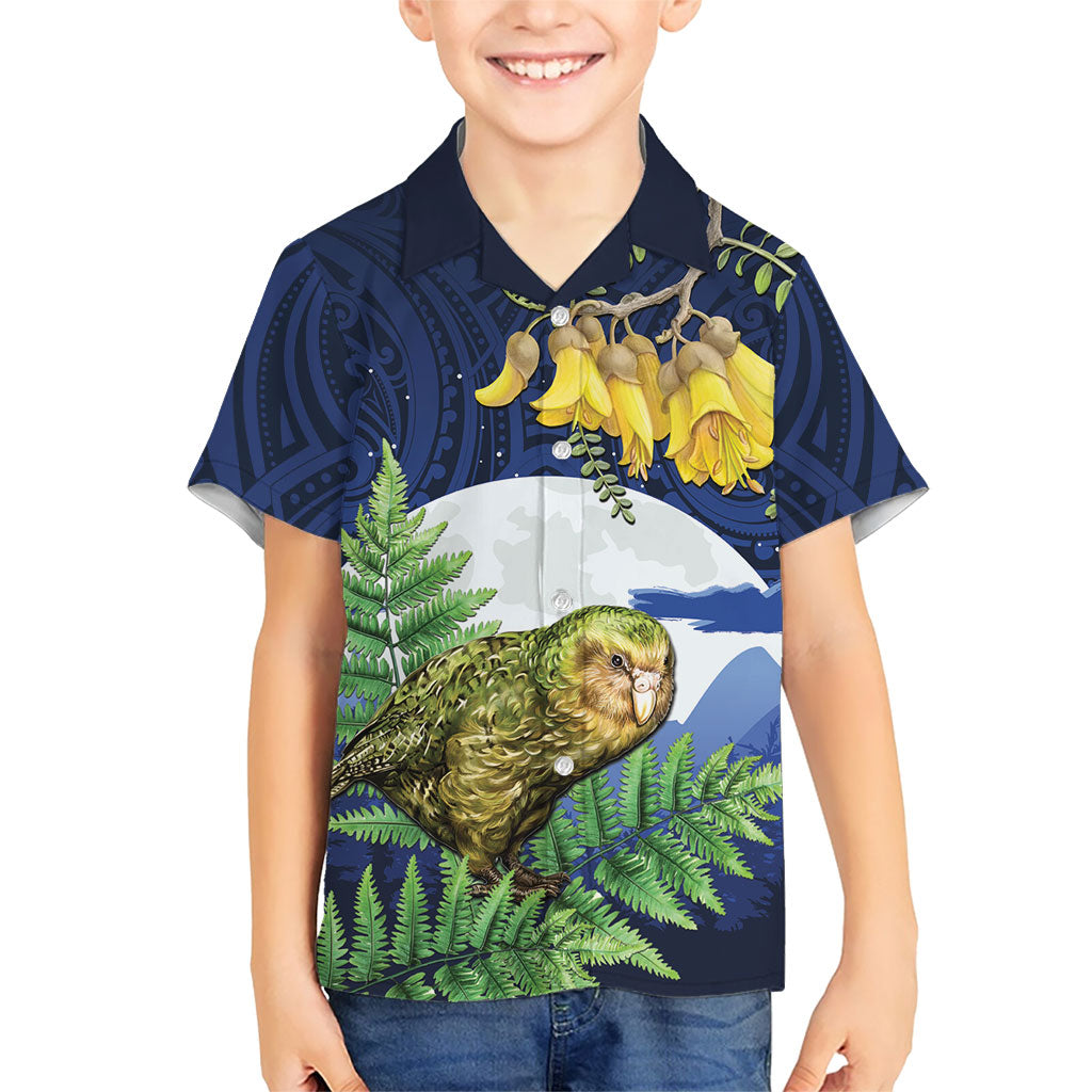 Kakapo New Zealand Personalised Kid Hawaiian Shirt Kowhai Flower Silver Fern Maori Pattern LT22 Kid Blue - Polynesian Pride