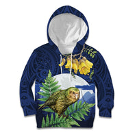Kakapo New Zealand Personalised Kid Hoodie Kowhai Flower Silver Fern Maori Pattern LT22 Hoodie Blue - Polynesian Pride