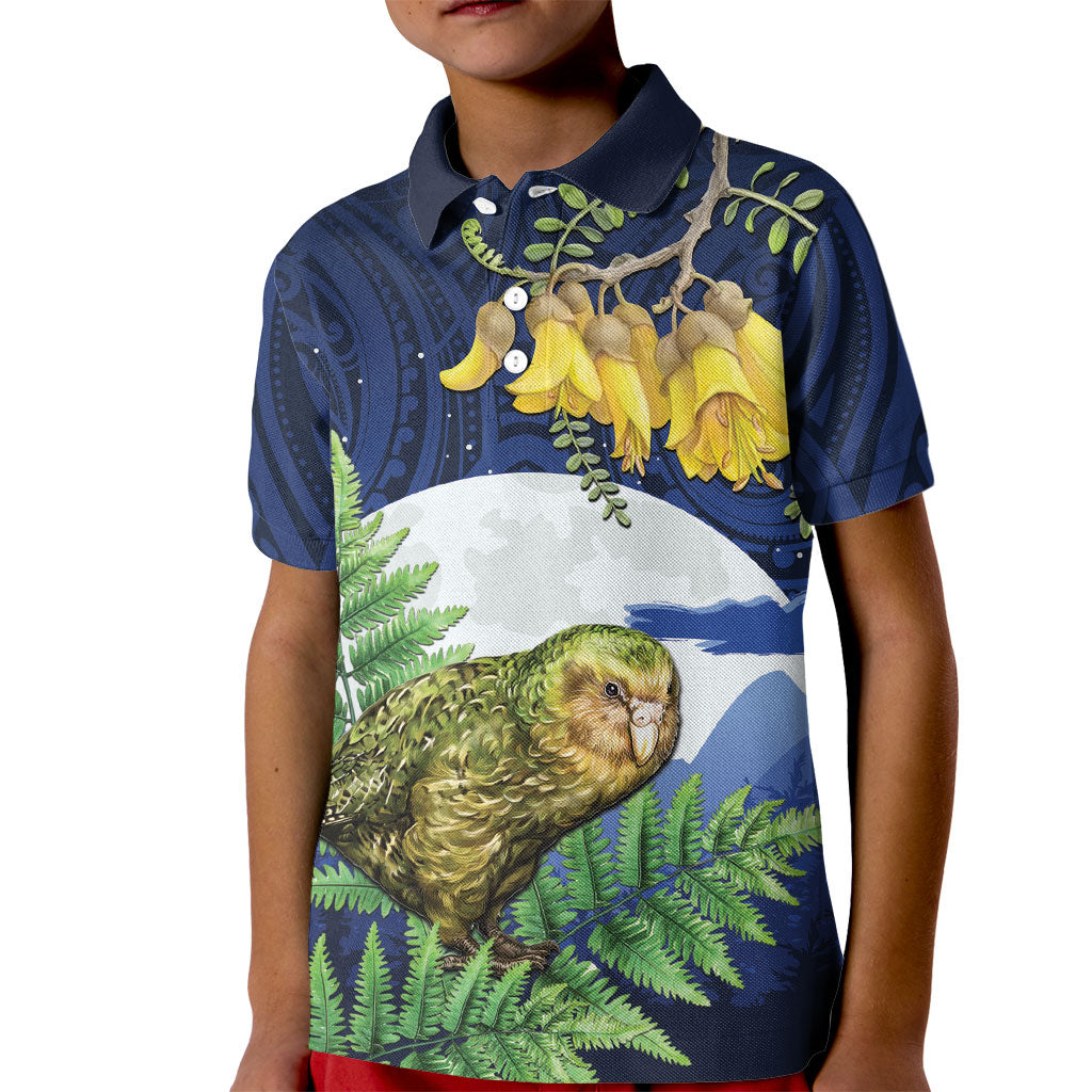 Kakapo New Zealand Personalised Kid Polo Shirt Kowhai Flower Silver Fern Maori Pattern LT22 Kid Blue - Polynesian Pride