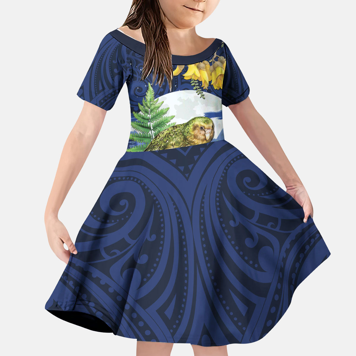 Kakapo New Zealand Personalised Kid Short Sleeve Dress Kowhai Flower Silver Fern Maori Pattern LT22 KID Blue - Polynesian Pride