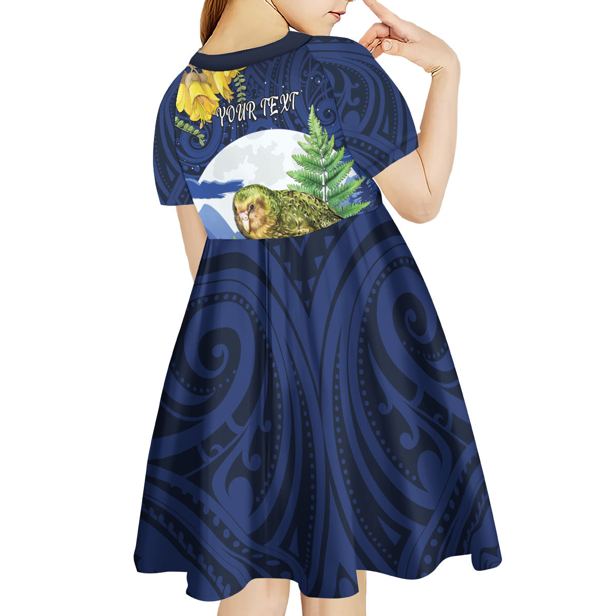 Kakapo New Zealand Personalised Kid Short Sleeve Dress Kowhai Flower Silver Fern Maori Pattern LT22 - Polynesian Pride