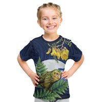 Kakapo New Zealand Personalised Kid T Shirt Kowhai Flower Silver Fern Maori Pattern LT22 Blue - Polynesian Pride