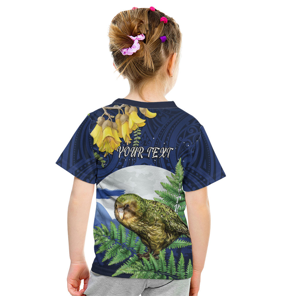 Kakapo New Zealand Personalised Kid T Shirt Kowhai Flower Silver Fern Maori Pattern LT22 - Polynesian Pride