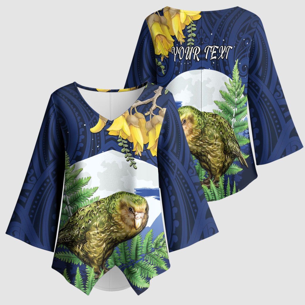 Kakapo New Zealand Personalised Kimono Sleeve Blouse Kowhai Flower Silver Fern Maori Pattern LT22 - Polynesian Pride